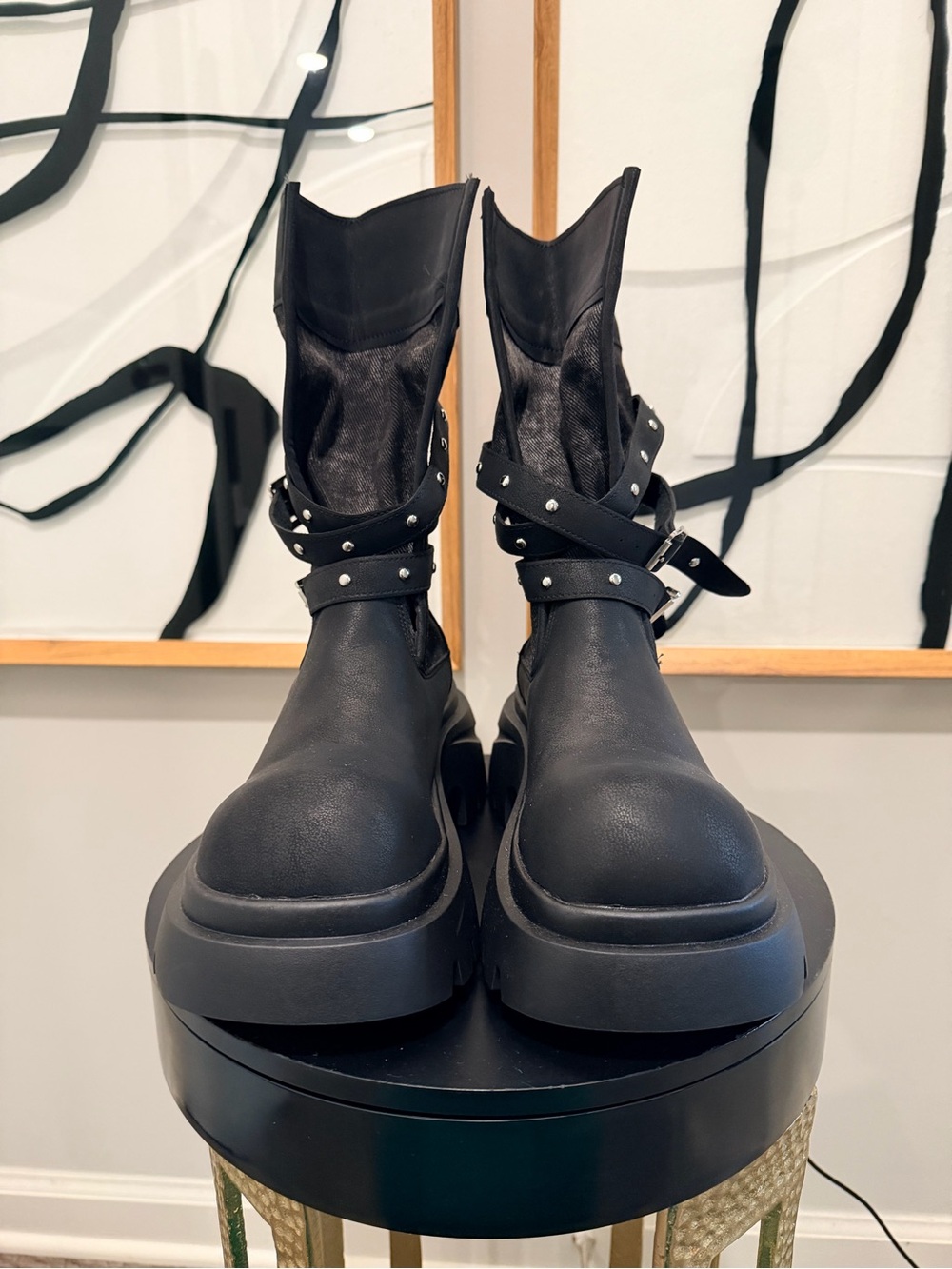 Black Studded Strap Platform Boots - Women